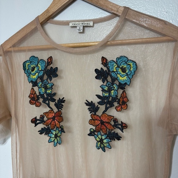 Haute Monde Embroidered Beige Sheer Dress Size S - Picture 2 of 5